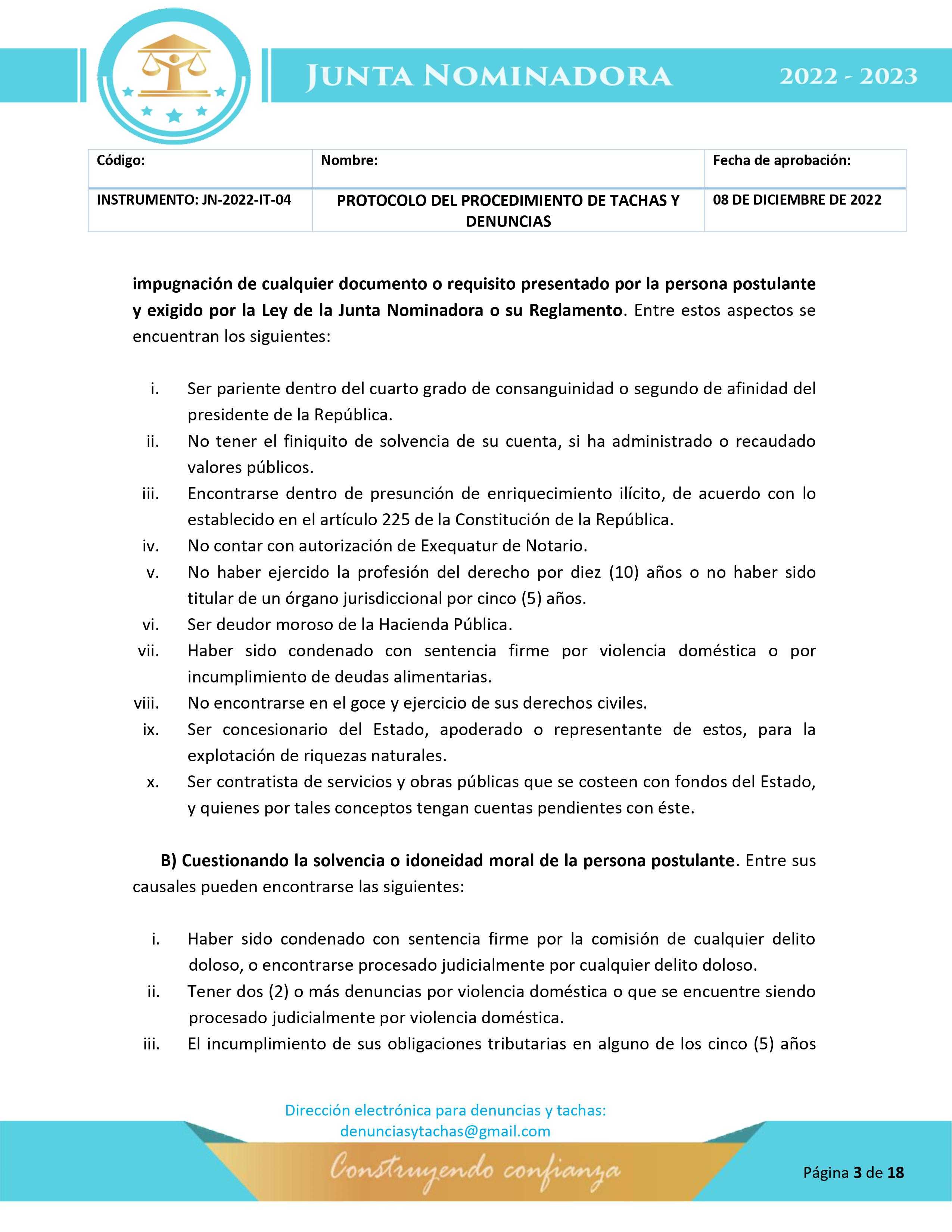 Protocolo para la etapa de tachas y denuncias